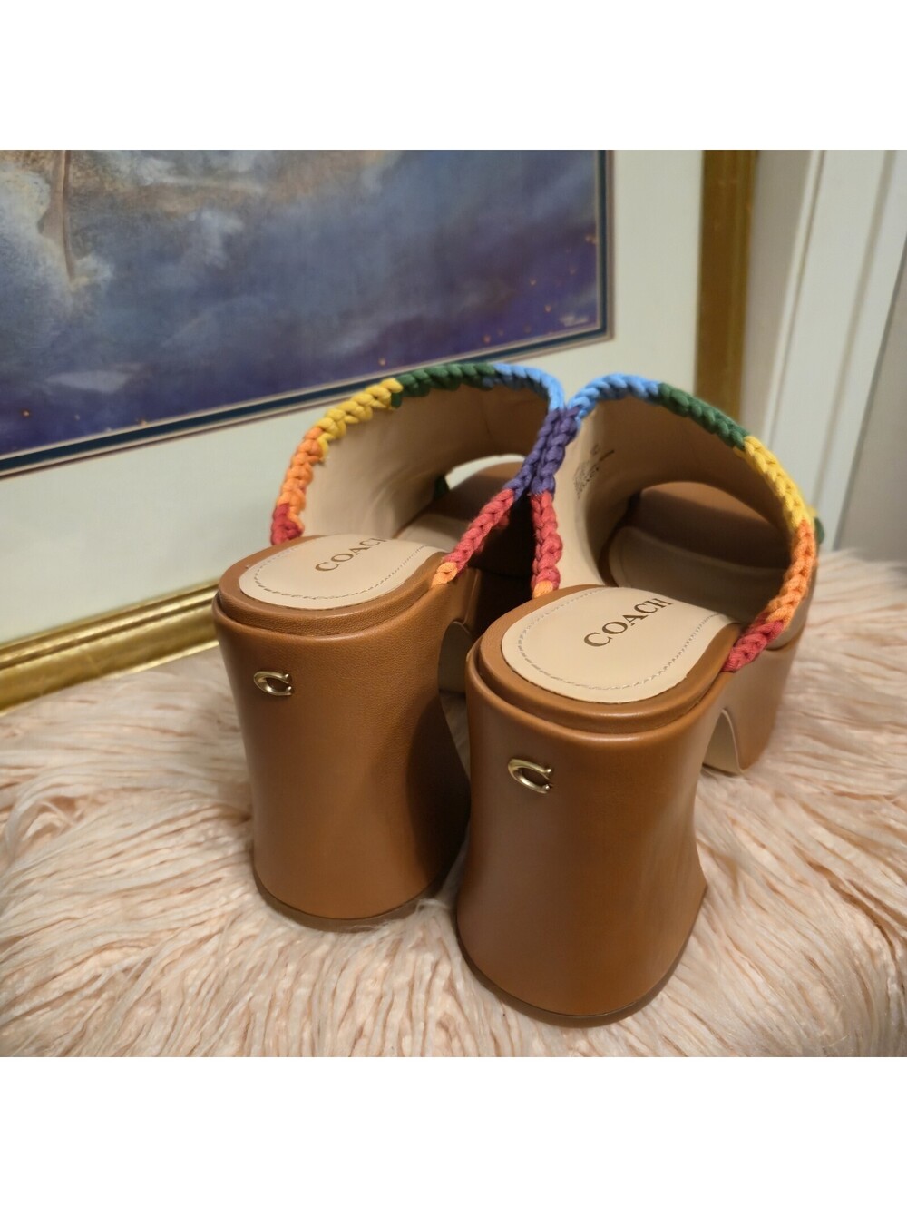 Coach Rainbow Crochet Leather Platform Mule Sandals Size 9 Worn Once w/ Box - Picture 5 of 8